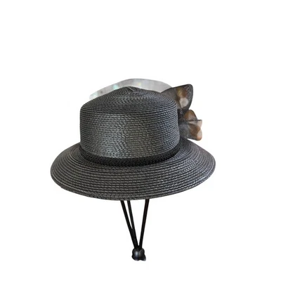Elegante Sombrero de Iglesia de Paja Negro Para Mujer Elegante Ala Ancha Sombrero para el Sol con Flor Foto 1 de 3