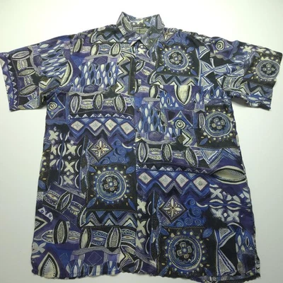 Camisa masculina vintage Robert Stock XL azul roxo seda geométrica abstrata botão anos 90 - Imagem 1 de 4