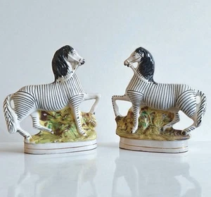 Pair of Antique Victorian Mid 19thC Staffordshire Flatback Zebras - Picture 1 of 24