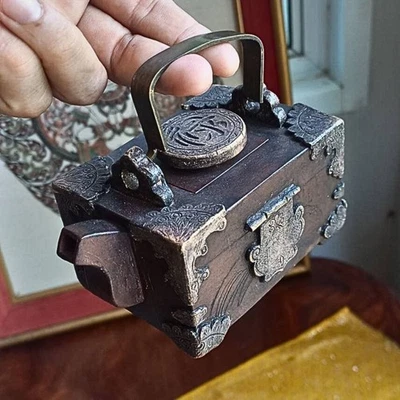 Rare China Yixing Zisha Purple Clay Teapot Treasure Box  Brass Handle Handmade - Image 1 of 4