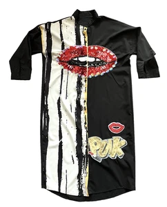 Shirt Dress Womens  Size M Black/Yellow/White Long Sleeve Lips Sequins Dress - Picture 1 of 16