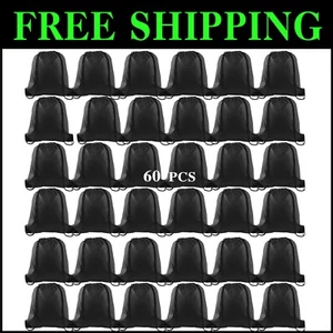 60Pcs Durable Black Drawstring Backpacks for Gym, Travel & Outdoor Activities - Picture 1 of 8