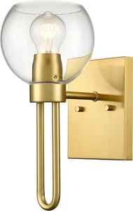 Gold Wall Sconce Mid-Century Modern Brass Wall Light Globe Light Glass Shade - Picture 1 of 7