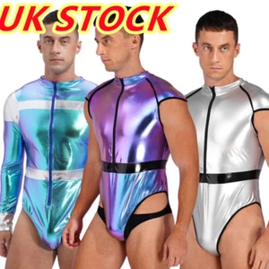 UK Men's Shiny Astronaut Costume Space Suit Metallic Contrast Jumpsuit Catsuit - Picture 1 of 50