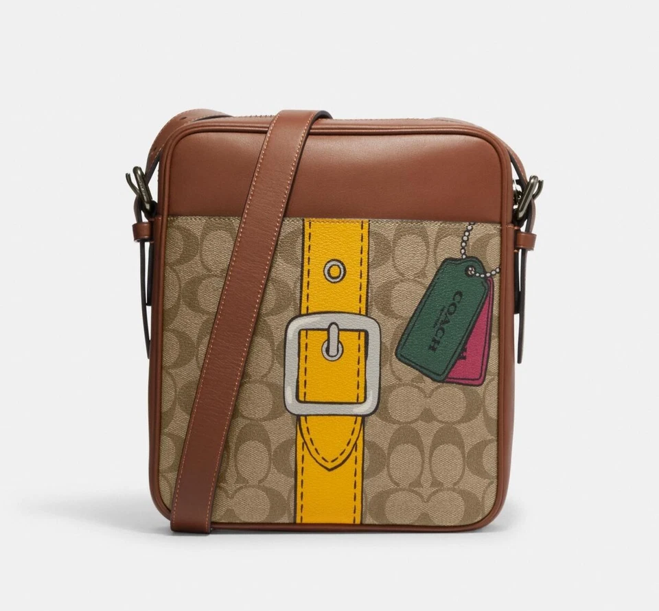 Coach (CH200) Hudson 21 Medium Khaki Trompe L'oeil Print Crossbody Bag