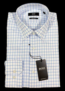 Men's HUGO BOSS Blue White Plaid Dress Shirt 15 1/2 (15.5) 34/35 Regular Fit NWT - Picture 1 of 3
