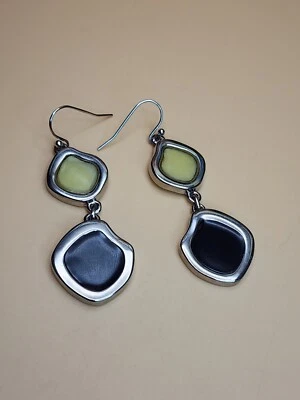 Vtg LIA SOPHIA Silver Tone Resin Enamel Black Earrings Dangle Drop FREE $HIP! - Image 1 of 4