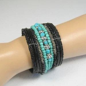 Turquoise Silver-tone and Black Glass Seed Bead Cuff Bracelet Boho Style Wide - Picture 1 of 4
