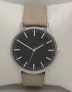 Mens Classic Minimalistic Round Silver Tone Black Dial Beige Faux Band Watch J2 - Picture 1 of 9