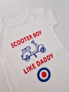 Plain White Baby Grow-Printed-Scooter Boy Like Daddy-Mod Baby Clothes-SBLD01 - Picture 1 of 14