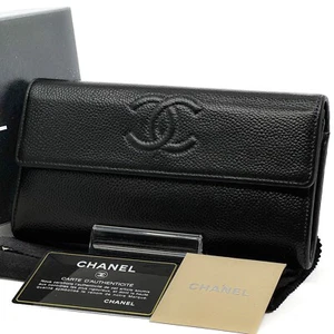 CHANEL Coco Mark Caviar skin Flap Long Wallet Purse Black Authentic - Picture 1 of 11