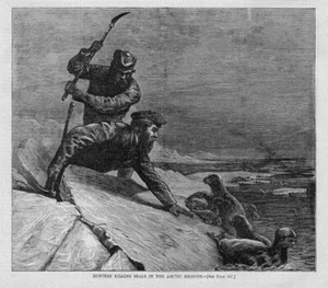 SEAL HUNTING IN THE ARCTIC REGIONS, ICEBERGS, 1874 ANTIQUE HUNTING ENGRAVING - Picture 1 of 1