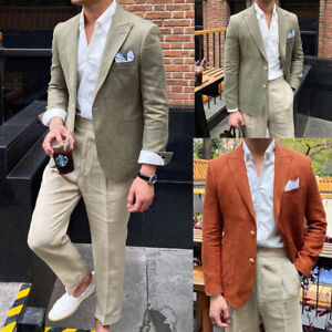 Summer Linen Men Suits Regular Fit Peak Lapel Blazer Casual Party Coat Pants 