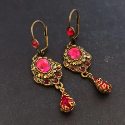Pendientes Michal Negrin Cristales Rojos Reales y Marrón Renacimiento Victoriano Brillantes Nuevos Foto 1 de 4