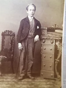 CDV Photo Named Young Man Boy with Cane Victorian Parlor Photo by Wilson UK - Picture 1 of 3