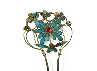 Большая антикварная ВИНТАЖНАЯ заколка для волос с перьями зимородка династии Цин Тянь-Цуй 點翠  - Изображение 1 из 3