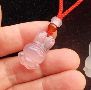 Rabbit Pink purple Chalcedony Agate stone Pendant,Blessing red rope necklace - Picture 1 of 12