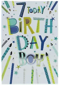 Biglietto Compleanno Ragazzo Età 7 - Candele Blu e Verde e Scritta Lamina Argento 7,75"x5,25" - Foto 1 di 1