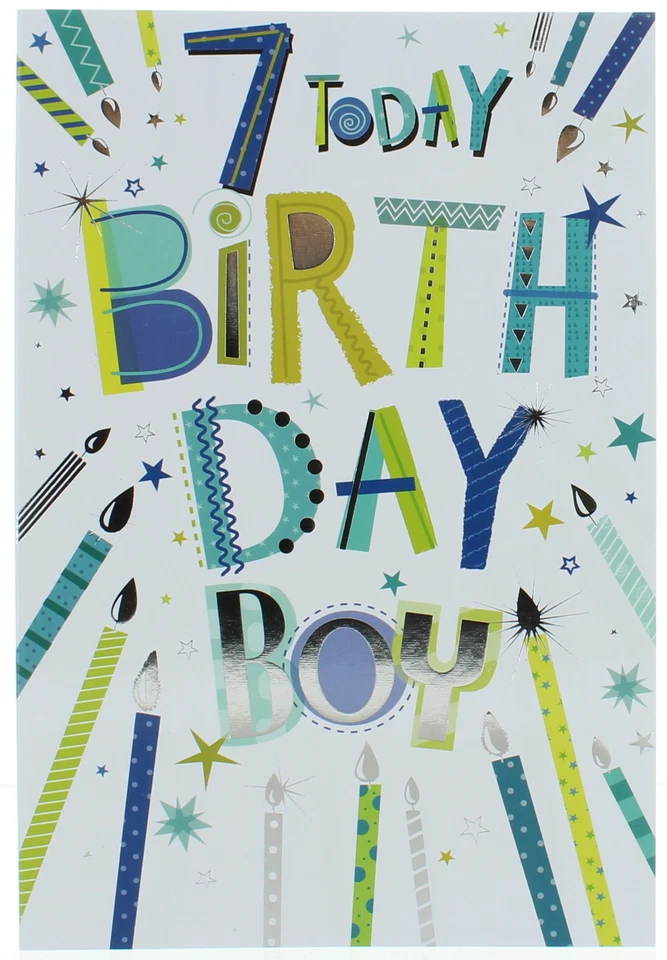 Age 7 Boy Birthday Card - Blue & Green Candles & Writing Silver Foil 7.75"x5.25" - Image 1 of 1