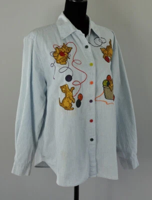 Westbound Casual Woman’s SZ XL Long Sleeve Chambray Striped Top W Applique Cats - Image 1 of 4