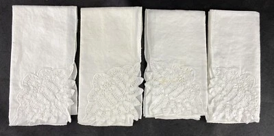 Lot Of 4 White Corner Lace Embroidery Cutouts Scalloped Edge Napkins 15” X 15” - Image 1 of 3