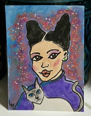 Pintura artística original ACEO mujer sosteniendo gato siamés gatito niña ÚNICA EN SU CLASE ATC mini  Foto 1 de 4