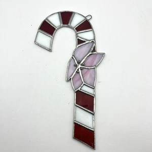 Vintage Stained Glass Candy Cane Suncatcher W/ Pink Poinsettia Christmas Holiday - Picture 1 of 4