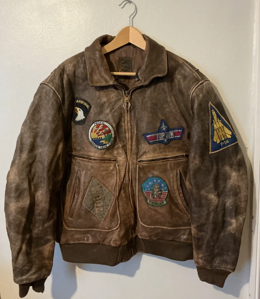 F-14 Mens Leather Jacket Top Gun Tomcat Bomber Flight Lined Patches Pocket Brown - Image 1 of 4