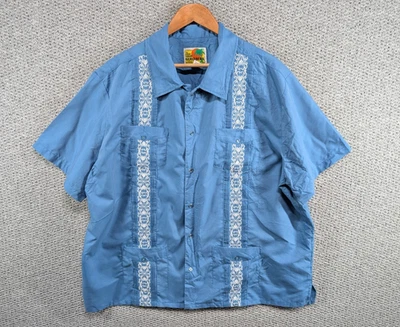 Haband Vintage Men's Blue Guayabera Cuban Style Embroidered Button Shirt 2XL - Image 1 of 4