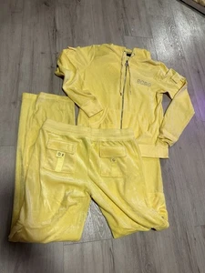 bcbgmaxazria YELLOW cargo back Pockets Rhinestones Logo VELOUR tracksuit Size L - Picture 1 of 9