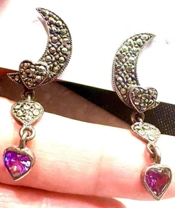 Orecchini pendenti eleganti vintage argento sterling 925 marcasite ametista luna e cuori - Foto 1 di 9
