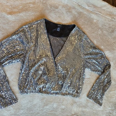 Forever 21 Size 1x Silver Sequin Layering LS Top Blouse EUC Layering Piece - Image 1 of 4
