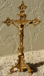 Antikes goldfarbenes Kruzifix Tischplatte Altar Metall Christentum katholisch 11,75" - Bild 1 von 5