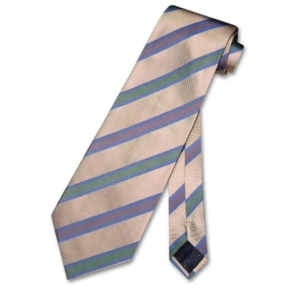 100% SILK NeckTie Taupe Brown Green Stripes Design Mens Neck Tie - Image 1 of 2