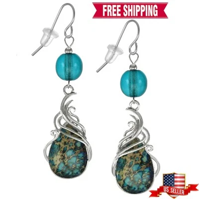 Beautiful Handmade Turquoise and Silver Swirl Teardrop Earrings, Platinum Wires - Image 1 of 4