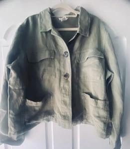 Nicole Miller  Cropped Fatigue Green Linen Utility Jacket Size L - Picture 1 of 4