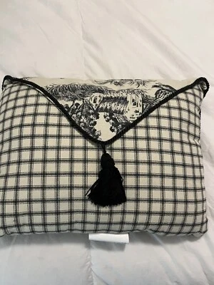 Waverly THROW PILLOW Toile Plaid Black Envelope Reversible Cotton 12x16 - Image 1 of 4