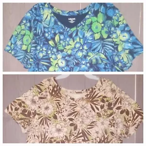 2 Liz & Me T-shirts Womens Sz 1X 18-20 Brown Blue & Green Flower Floral Patterns - Picture 1 of 15