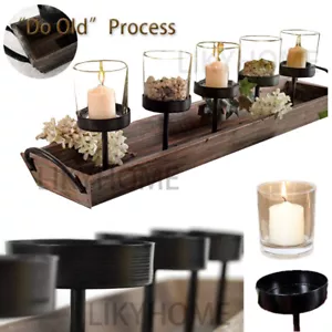 Metal Candle Holder Lantern Wooden Tray Glass TeaLight Vintage Wedding Home Deco - Picture 1 of 12