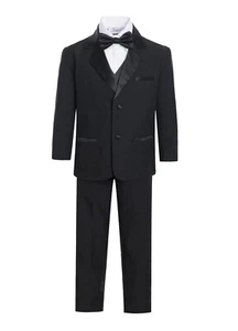 Boy's Suit Pants Vest Tuxedo Soft Solid Bowtie Notch Lapel 5Pcs Black #BY010 BLK - Picture 1 of 1