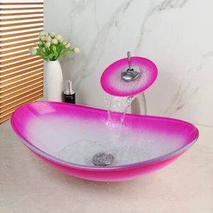 Oval Pink Bathroom Tempered Glass Vessel Sink Bowl Chrome Faucet & Drain Set - Picture 1 of 8