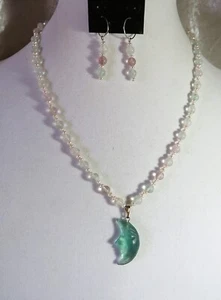 Crescent Moon Hanging With Sherbet Fluorite & Fresh Water Pearls Set - Picture 1 of 3