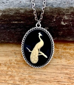 Vintage Peacock Bird Necklace Pendant, Cream on Black, Antique Silver - Picture 1 of 4