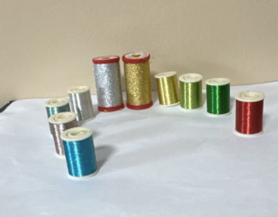 10 pcs Assorted Colorful Polyester Sewing Thread Spools greens, gold, silver + - Image 1 of 4