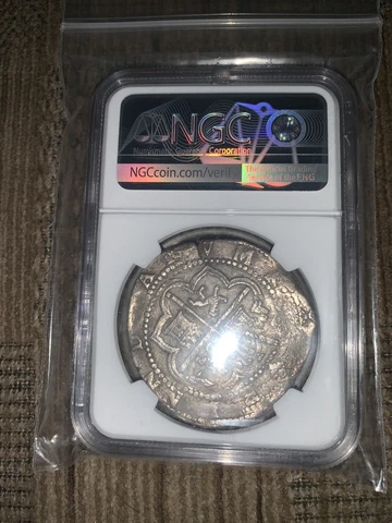 Rare NGC AU58 1577-88 Peruvian Silver 8 Reales Colonial Pirate Cob Coin Cover