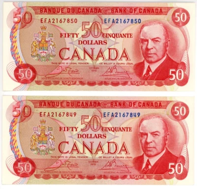 1975 Bank of Canada $50 Banknote - 2 Consecutive UNC - SN: EFA2167849-50 - Image 1 of 2