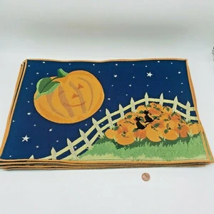 6 manteles individuales de tela tejida con parche de calabaza de gatos negros guiñando un ojo de calabaza de Halloween - Imagen 1 de 7
