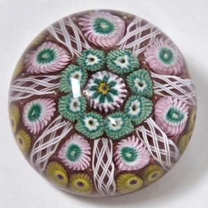 Vintage Art Glass Paperweight Milefiori 7 Spoke Latticino Floral Strathearn? - Picture 1 of 10