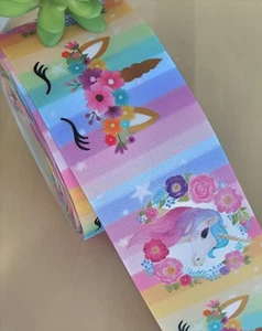 7/8, 1.5 & 3" (1 YD) Unicorn Grosgrain Ribbon Rainbow Flowers Pony Mystical  - Picture 1 of 2