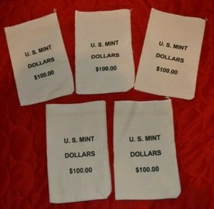 5 x Empty U.S. Mint Dollar "$100" Bag Cotton Heavy Duty Canvas Bags 4.5" x 7.5" - Picture 1 of 2